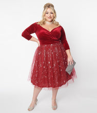 Load image into Gallery viewer, UNIQUE VINTAGE- RED VELVET STAR TULLE DRESS