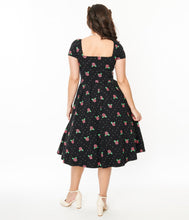 Load image into Gallery viewer, UNIQUE VINTAGE- BLACK DOTTED ROSE PRINT DRESS