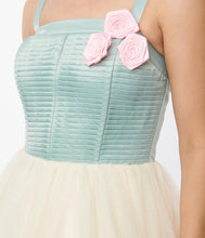 Load image into Gallery viewer, FINAL SALE UNIQUE VINTAGE- BLACK OR SAGE SATIN AND TULLE DRESS