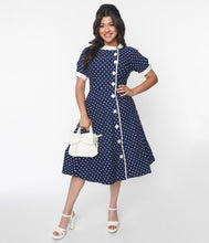 Load image into Gallery viewer, UNIQUE VINTAGE- NAVY AND WHITE DOT SWING DRESS
