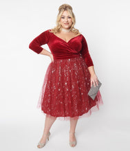 Load image into Gallery viewer, UNIQUE VINTAGE- RED VELVET STAR TULLE DRESS
