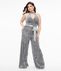 UNIQUE VINTAGE- SILVER SEQUIN JUMPSUIT