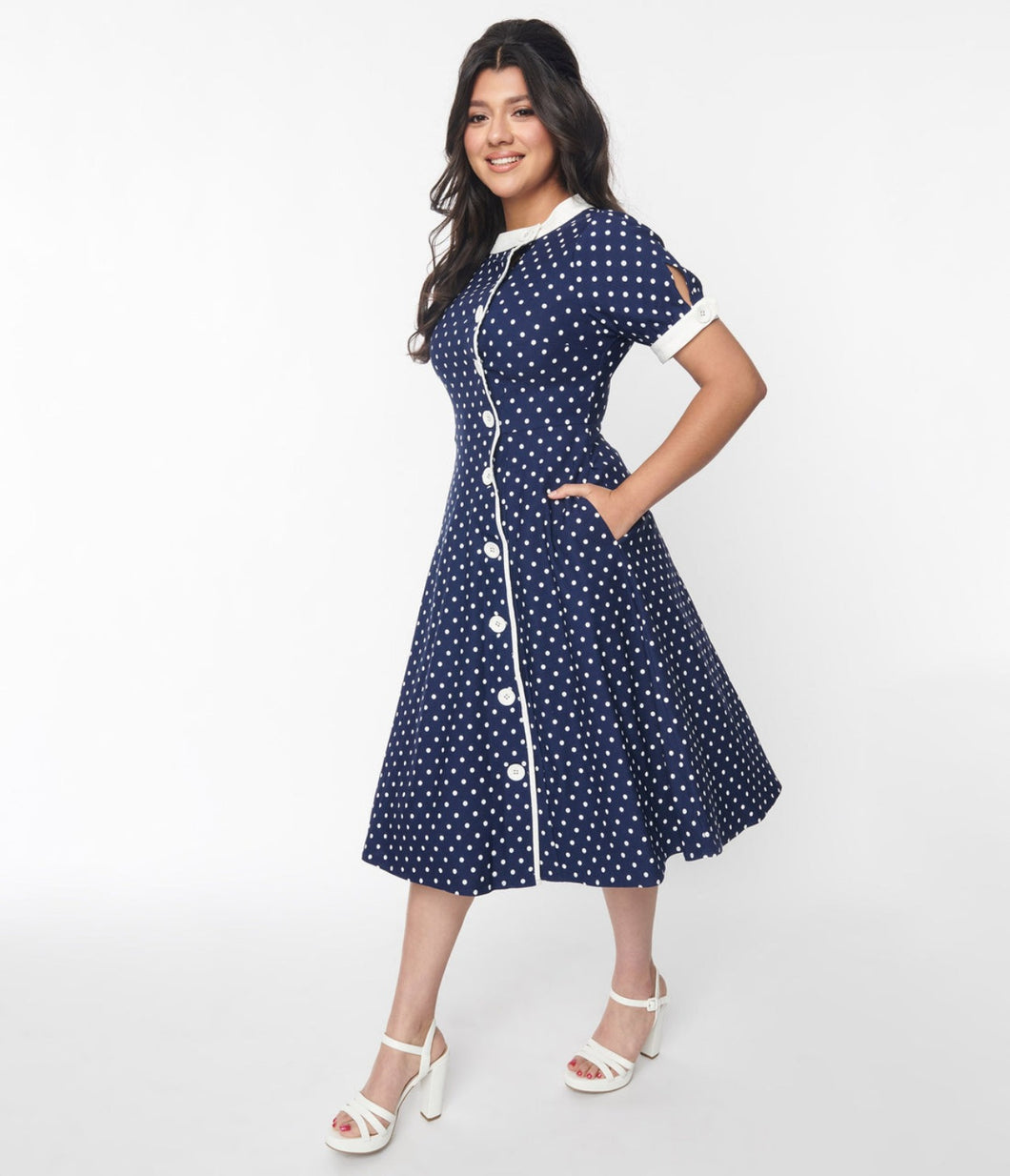UNIQUE VINTAGE- NAVY AND WHITE DOT SWING DRESS