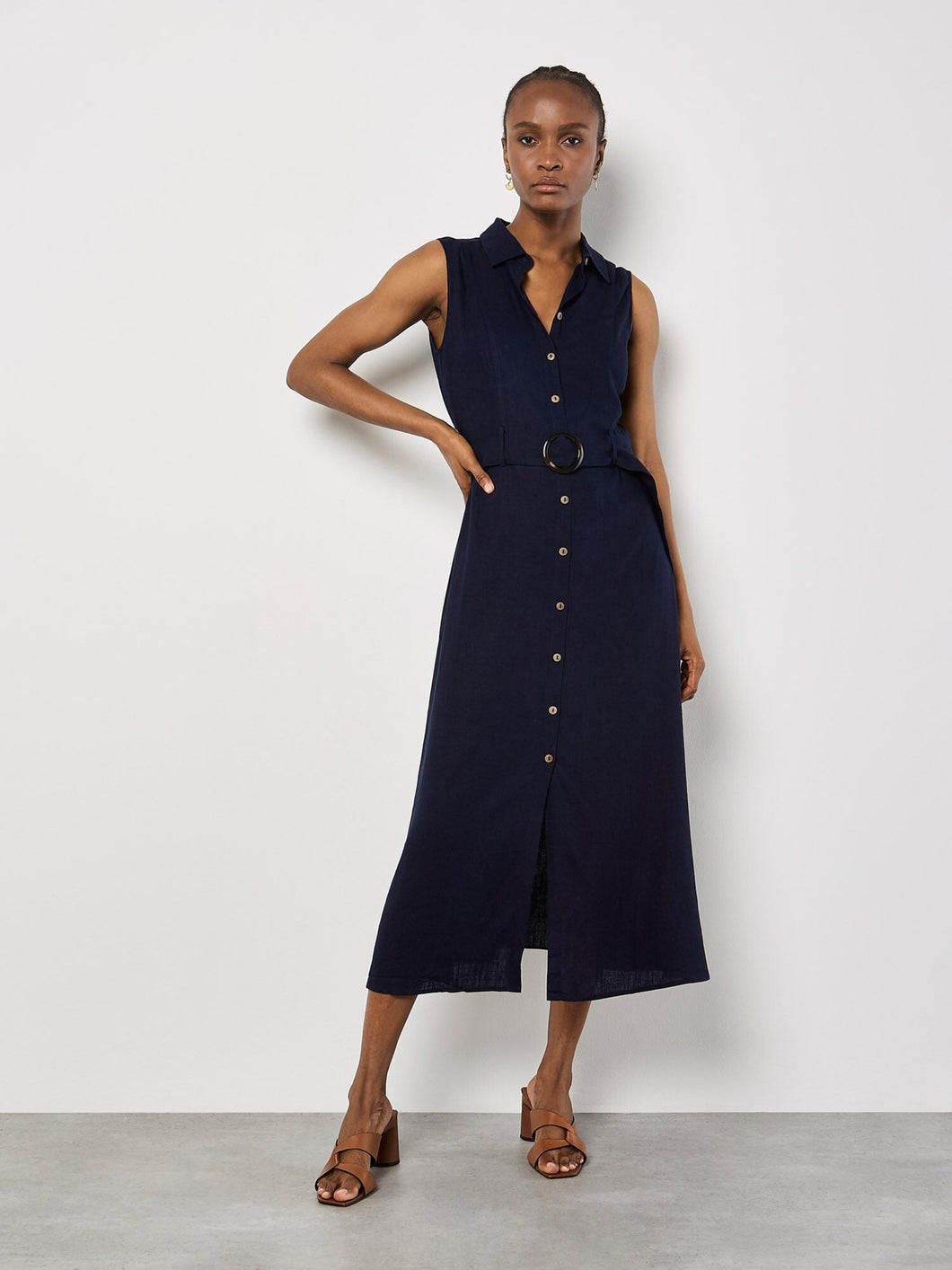 APRICOT - NAVY LINEN MIDI DRESS HepKat Clothing APRICOT - NAVY LINEN MIDI DRESS HepKat Clothing