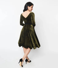 Load image into Gallery viewer, UNIQUE VINTAGE- OLIVE VELVET SWING DRESS
