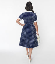 Load image into Gallery viewer, UNIQUE VINTAGE- NAVY AND WHITE DOT SWING DRESS

