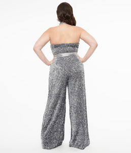 UNIQUE VINTAGE- SILVER SEQUIN JUMPSUIT