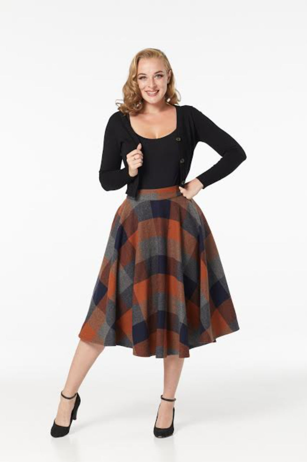 TIMELESS- BROWN AND ORANGE PLAID SWING SKIRT