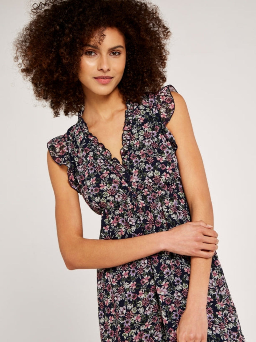 APRICOT- NAVY AND PINK FLORAL SLEEVELESS DRESS