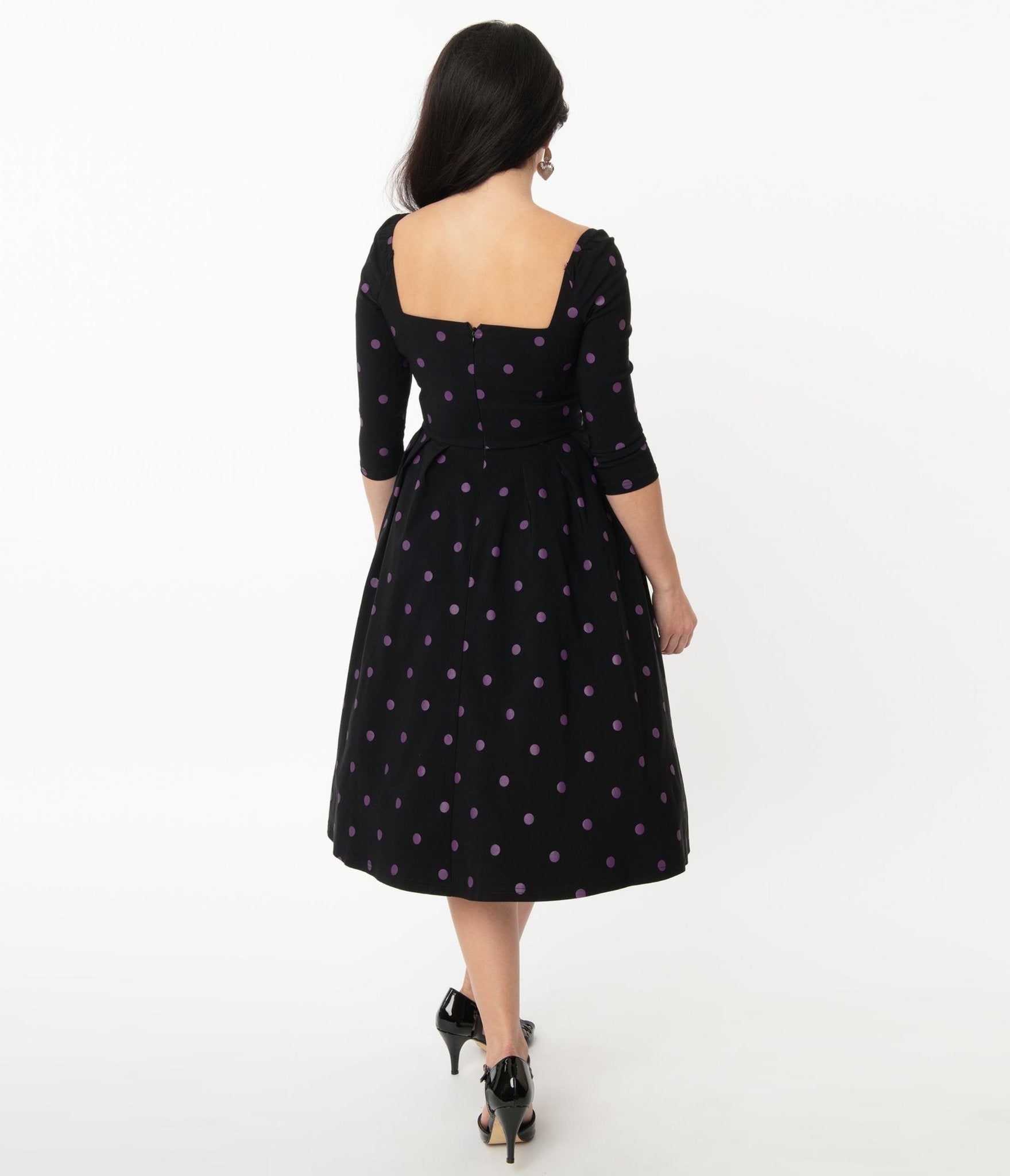 purple and black polka dot dress Penelope Purple Polka Dot Swing Dress