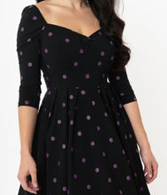 Load image into Gallery viewer, UNIQUE VINTAGE- BLACK AND PURPLE DOT DRESS
