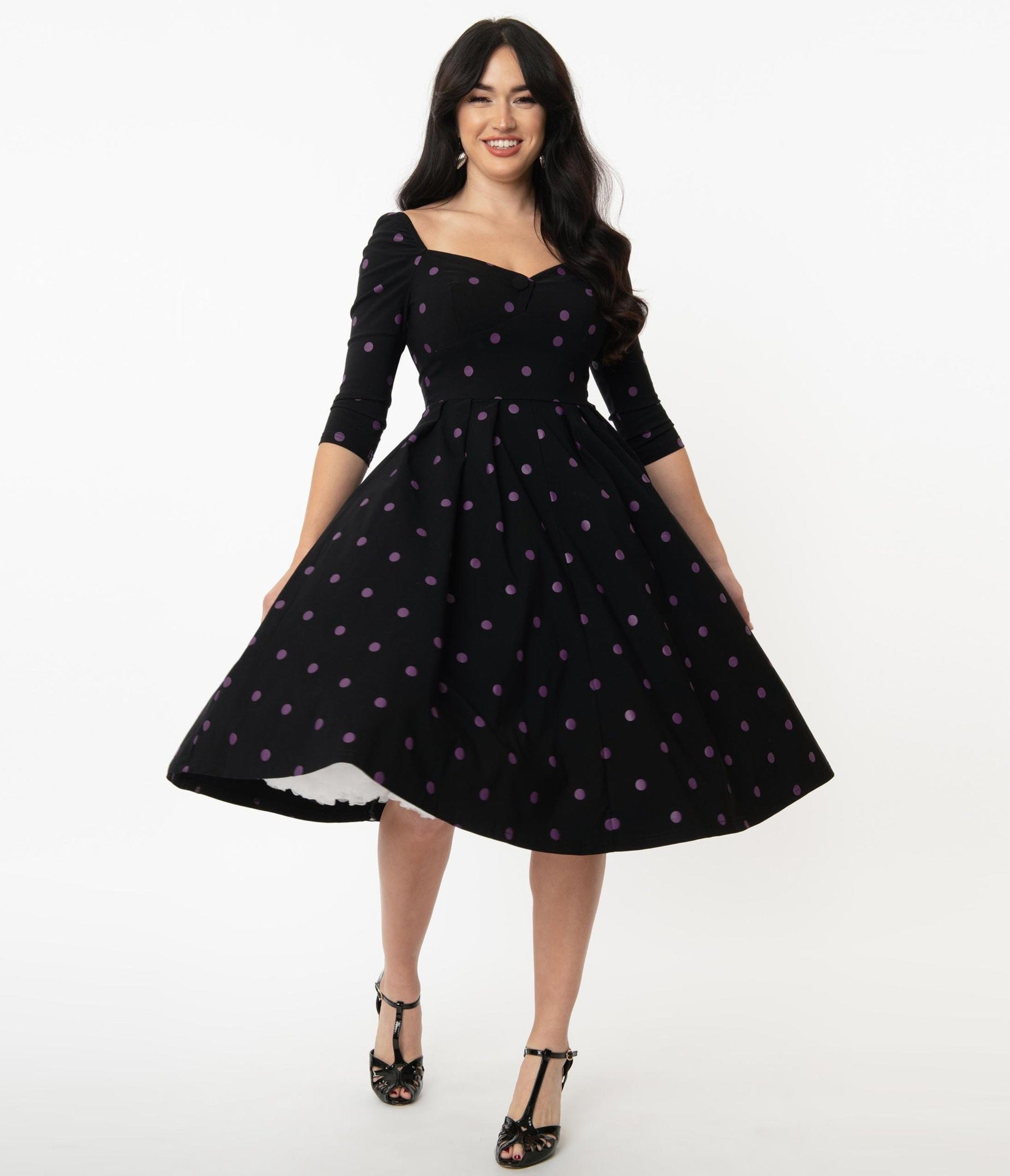 black dot dress FINAL SALE UNIQUE VINTAGE- BLACK AND PURPLE DOT DRESS – HepKat Clothing