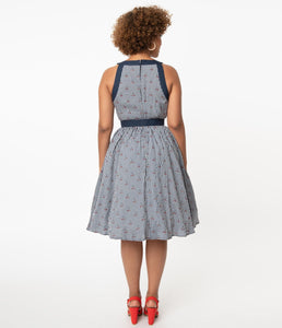 UNIQUE VINTAGE- NAVY GINGHAM AND CHERRY PRINT DRESS