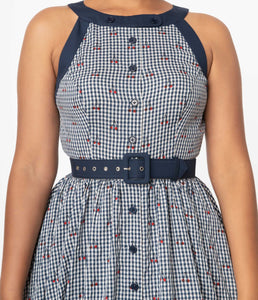 UNIQUE VINTAGE- NAVY GINGHAM AND CHERRY PRINT DRESS