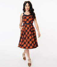 Load image into Gallery viewer, FINAL SALE UNIQUE VINTAGE- NAVY AND ORANGE PLAID DRESS
