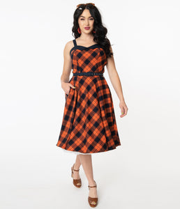FINAL SALE UNIQUE VINTAGE- NAVY AND ORANGE PLAID DRESS