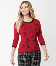 Load image into Gallery viewer, UNIQUE VINTAGE- ROSE EMBROIDERED CARDIGAN IVORY OR RED
