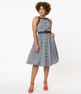 UNIQUE VINTAGE- NAVY GINGHAM AND CHERRY PRINT DRESS