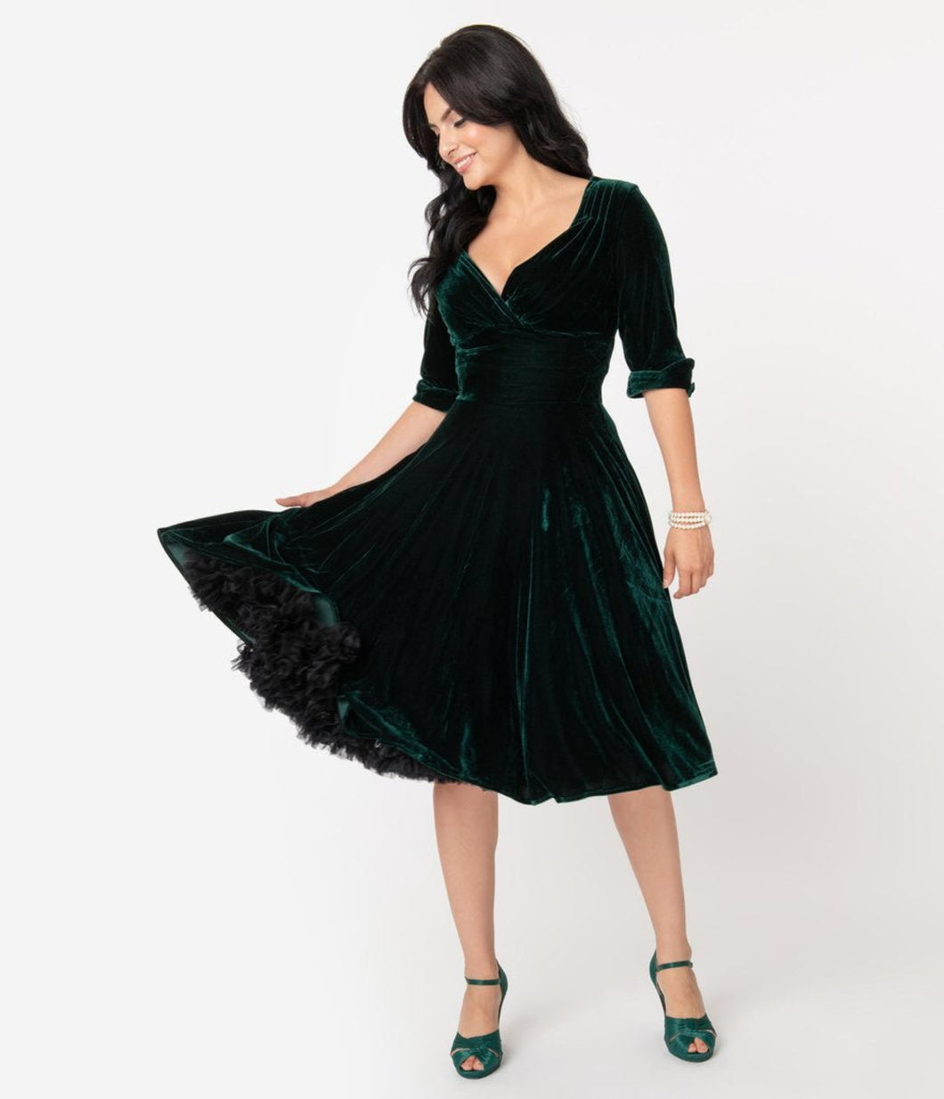 UNIQUE VINTAGE- EMERALD GREEN VELVET SWING DRESS