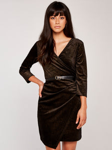 APRICOT- BLACK WITH GOLD SHIMMER FAUX WRAP DRESS