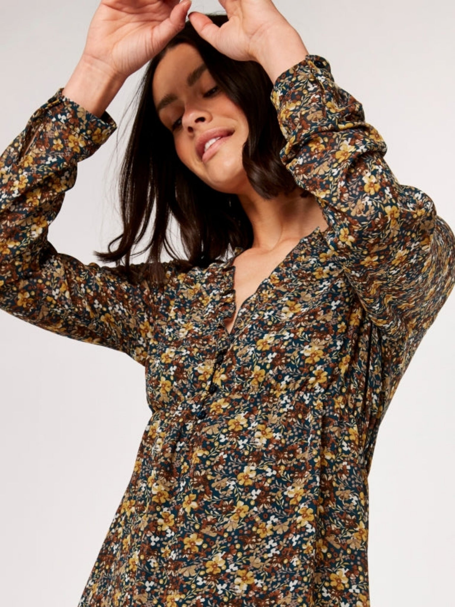 APRICOT- GREEN DITSY FLORAL DRESS HepKat Clothing APRICOT- GREEN DITSY FLORAL DRESS HepKat Clothing
