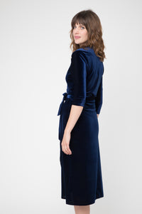 CAMEO- VELVET WRAP DRESS IN SAPPHIRE AND EMERALD