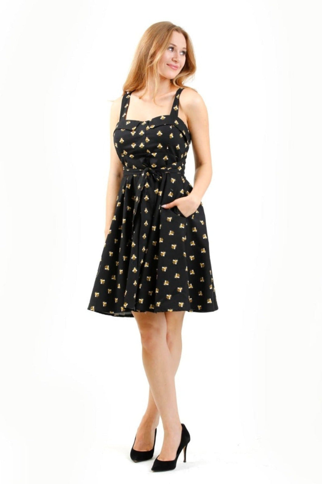 EVA ROSE-  BLACK BEE PRINT FIT & FLARE