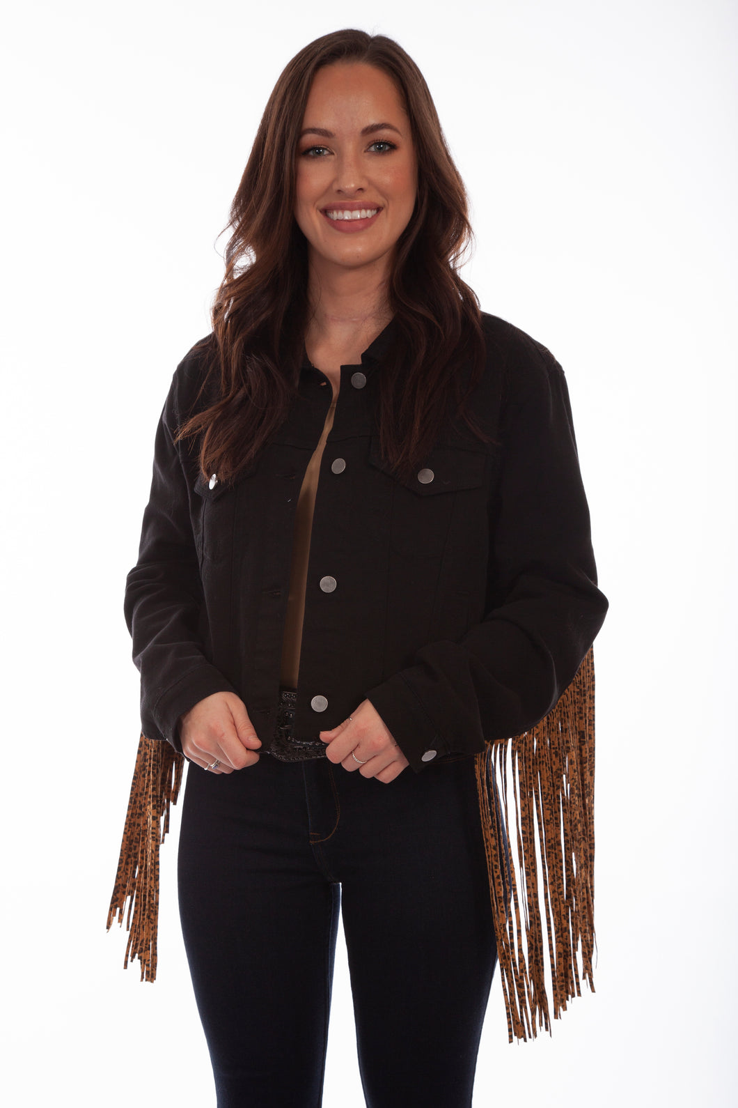 SCULLY- LEOPARD FRINGE BLACK CROP DENIM