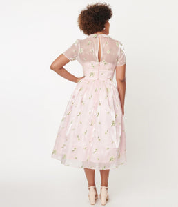 FINAL SALE UNIQUE VINTAGE- EMBROIDERED PINK ORGANZA DRESS