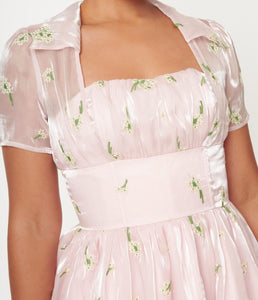 FINAL SALE UNIQUE VINTAGE- EMBROIDERED PINK ORGANZA DRESS
