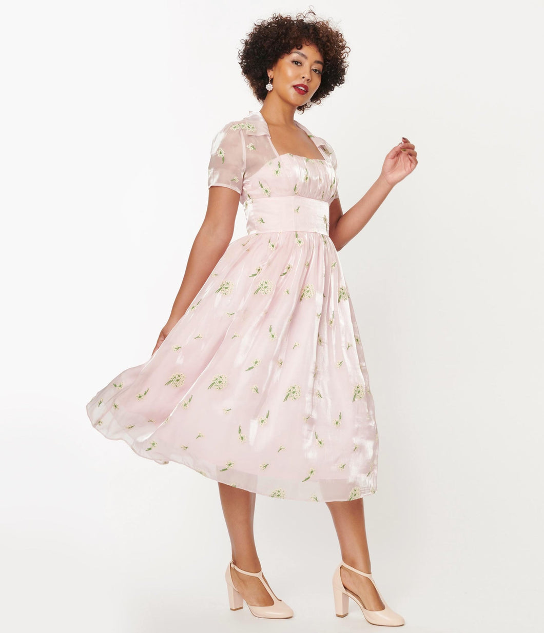 FINAL SALE UNIQUE VINTAGE- EMBROIDERED PINK ORGANZA DRESS